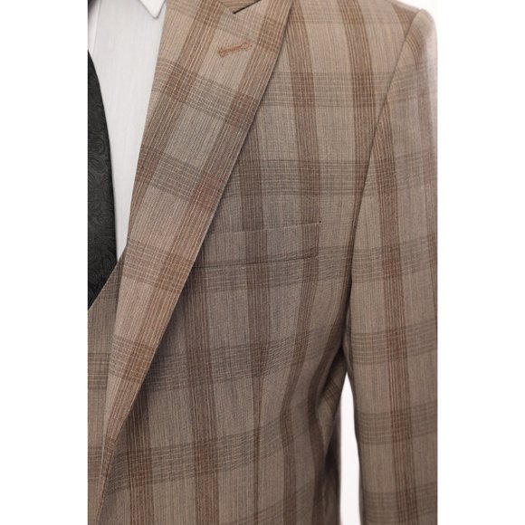 Derman Brown Square Patterned Fabric 3 Piece Double Breasted Suit - Picture 2 of 6
